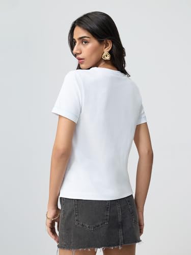 The Souled Store Indie Elephant Women and Girls Short Sleeves Round Neck White Embroidered Cotton Regular Fit Lightweight All-Season Everyday Streetwear T-Shirt