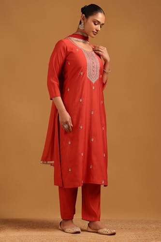 Soch Womens Rust Roman Silk Floral Salwar Suit With Stone Work