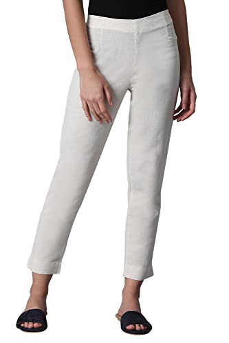 W for Woman White Solid Mid-Rise Cotton Flax Slim Pants (Size: XL)-WCR60151-211345