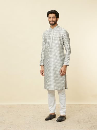 Manyavar Men's Art Silk Jacquard Full Sleeves Kurta Set (Light Grey,XXXL)