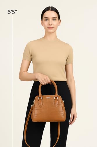 eske Mira Vegan Leather Handbag, Animal Print Pattern, Dual Compartment, Detachable Sling Strap (Tan)