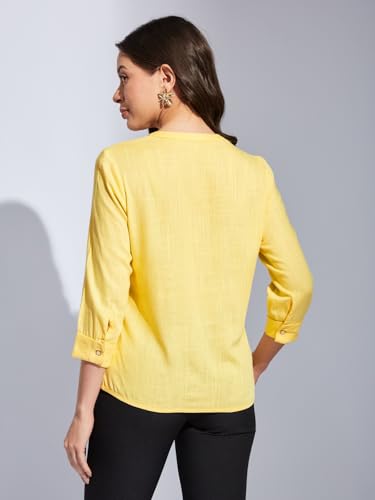 Latin Quarters Women Yellow Mandarin 3/4th Sleeves Solid Shirt Blouse for Casual Wear_S