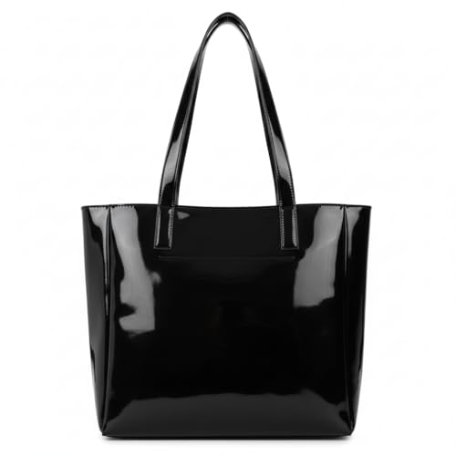 Carrylux Spacious Tote Bag For Womens Handbag Ladies Purses, With Zip Closure Shining Synthetic Leather (Black)