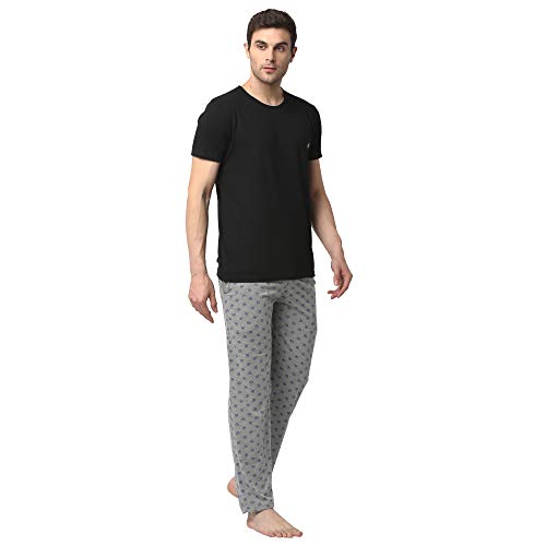Mack JONNEY Cotton Blend Night Suit Co-ord Set for Men with Round Neck Half Sleeve T-Shirt and Track Pant-T_BLK_D1_PRT_4MLG_02-XL