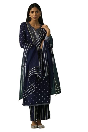 Wishful Women's Navy Blue Embroidered Straight Kurta with Straight Pant and Dupatta Set - (SP12862-401180-XXL)