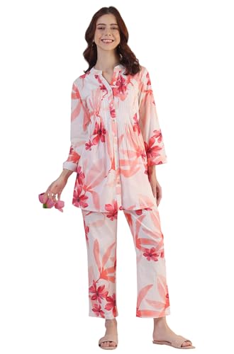 W for Woman White Bold Floral Printed Pure Cotton Tunic and Straight Pants Co-ord Set (Size: S)-WS31237-125407