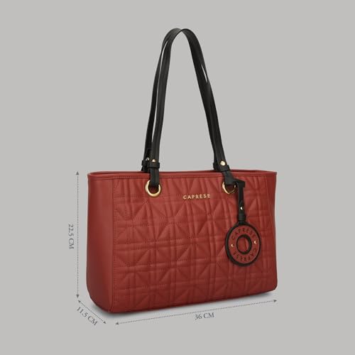 Caprese Aimee Medium Quilted Faux Leather Tote Bag for Women | Multi-Compartment Zippered Shoulder Handbag with Detachable Charm | Perfect for Work, Travel & Shopping (Intense Rust)