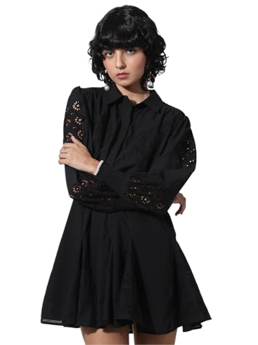 ONLY Women Self Design Black Cotton Mini Length Fit and Flare Dress
