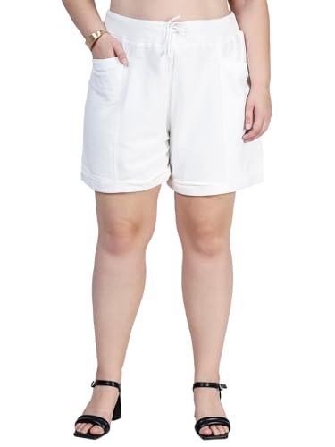 HAPPENING Plus Size Women Soft Self Cotton Denim Shorts -Length 16 inch- HIGH Rise- Peachich Pink/Snow White Color- Elastic Waist Size (L) 32 to (9XL) 50 inch (in, Alpha, L, Snow White)