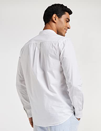 Amazon Brand - Symbol Men's Cotton Shirt | Chinese Collar | Casual | Plain | Full Sleeve | Summer - Regular Fit (Available In Plus Size, White_M)