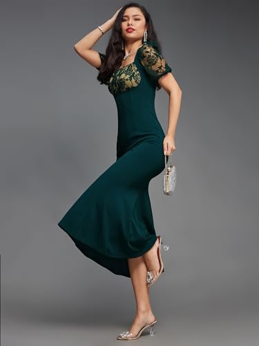Miss Chase Women's Square Puff Sleeve Solid Lace Overlaid Ankle Length Dress (Plus (MCSS22D13-48-42-03, Dark Green, S)