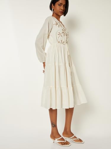 Max Women Embroidered Tiered A-line Dress (Off White_XL)
