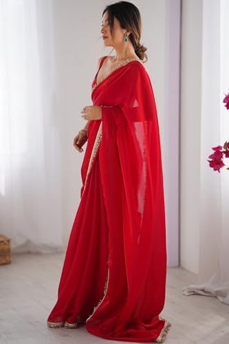 SGF11 Women's Fandy Satin Soft Silk and Sequence Handwork Lace Border Saree With Unstiched Blouse Piece (Pink)