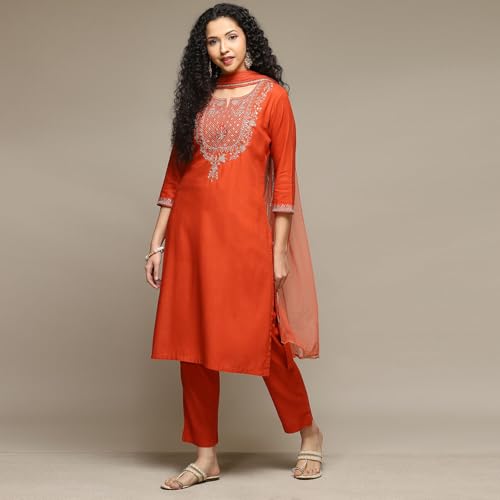 BIBA Women's Burnt Orange Rayon Straight Kurta Pants Suit Set_42