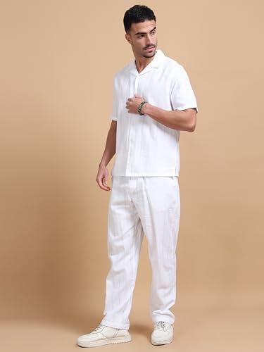 StitchX Men’s Airport Look Textured Seersucker Resort Cotton Shirt & Trouser Co-Ord Set Bright White M