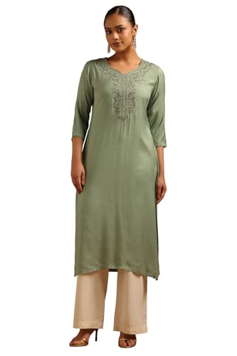 Soch Womens Sap Green Muslin Floral Kurta with Machine Embroidery and Cutdana Details