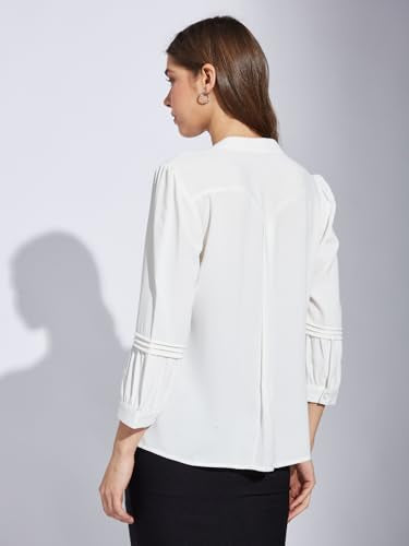 Latin Quarters Women White V-Neck 3/4th Sleeve Solid Tunic Blouse_S