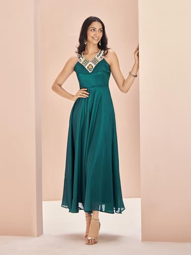 FUSIONIC Teal Silk Handworked Gown Dress