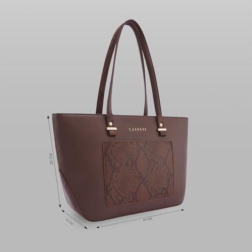 Caprese Bambi Large Snake Textured Print Tote Bag for Women | Fits Up to 15 Inch Laptop | Premium Multi-Compartment Shoulder Handbag with Zipper Closure for Office Work and Travel (Brown)