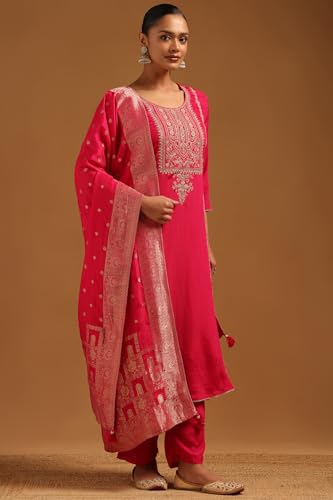 Soch Womens Fuchsia Chinon Zari Embroidered Salwar Suit