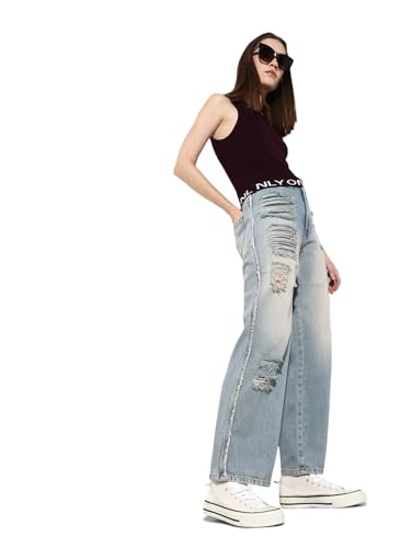 ONLY Women's Solid Straight Fit High-Rise Blue Jeans
