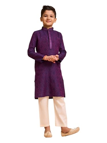 Manyavar Boys Viscose Blend Neck Embroidered Kurta Pyjama Set (Purple,5-6Y)