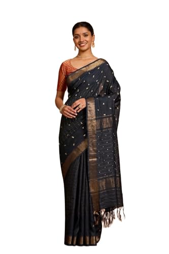 Taneira Women Black Bengal Pure Silk Aari Embroidered Saree with Unstitched Blouse Piece (SAIH01AC2215-Black)