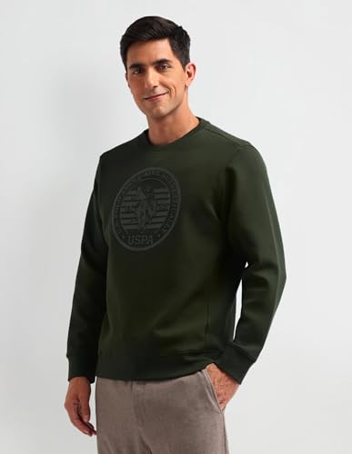 U.S. Polo Assn. Denim Co. Men's Olive Printed Crew Neck Long Sleeve Casual Cotton Regular Fit Sweatshirt (UDSWS0488_Olive_S)