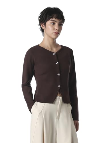 ONLY Women's Solid Regular Fit Dark Brown Sweater