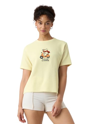 The Souled Store Textured T-Shirt: On My Way to Overthink Women and Girls Short Sleeves Round Neck Off White Embroidered Cotton Relaxed Fit T-Shirts
