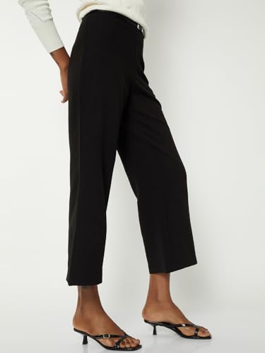 Max Women Solid Wide-Leg Crop Trousers with Belt (Black_36)