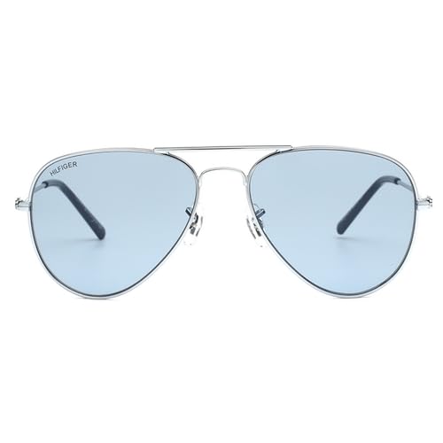 TOMMY HILFIGER Men's UV Protected Eyewear | Blue Lens | Silver Frame | Full Rim Aviator Shape Branded Latest and Stylish Sunglasses | 100% UV Protection | Size Medium | TH 1574PL C12 Small