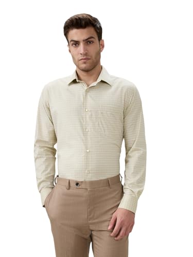 Raymond Men Contemporary Fit Checks Pattern Pure Cotton Semi Cutaway Collar Full Sleeve Formal Shirt Fawn