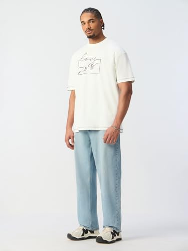 The Souled Store The Happy Pawdcast: Love Men and Boys Short Sleeves Round Neck Off White Graphic Printed Casual Lightweight Drop Shoulder Streetwear Trendy Oversized T-Shirts