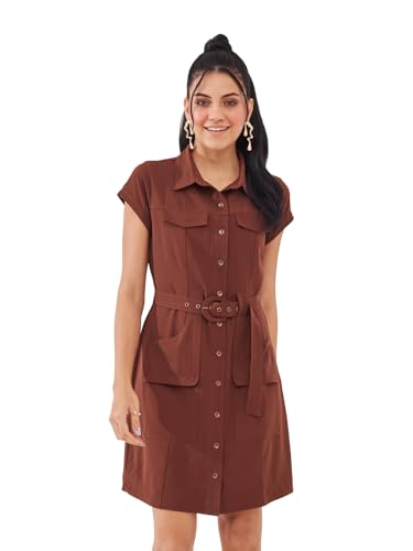 Latin Quarters Women's Brown Solid Cap Sleeve Collar Neck Casual Shirt Dress_XXL