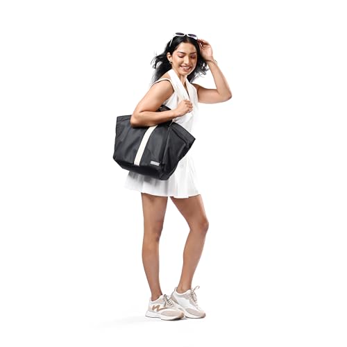 Fastrack Black & White Tote Bag for Women | Large Nylon Tote with Zipper Closure, Webbing Strap, Internal Utility Pockets & Double Handle | Lightweight Everyday Shoulder Bag for Work, Travel & Errands