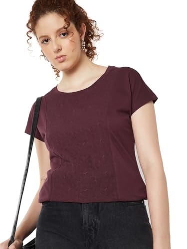 Max Women Embroidered Panel T-Shirt (Burgundy_M)