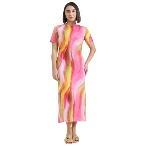 United Colors of Benetton Round Neck Swirl Print Dress (Size : 2XL) - 26P3099W3950I901 Multicolour