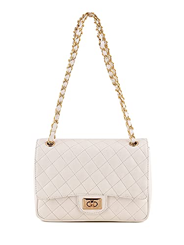 Sakwoods Women PU Quilted White Sling And Handbag