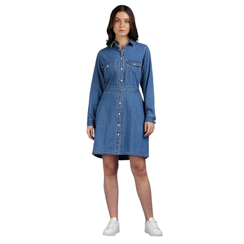 Pepe Jeans Women's Pure Cotton A-Line Maxi Dress (PL953769CA0_Dark Used Wash
