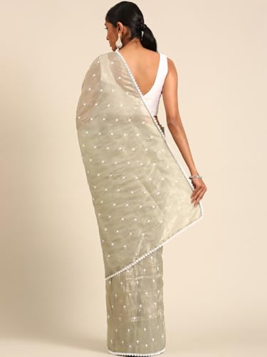 Panzora Women's Green Tissue Gold Crush Embroidery Work Saree With Unstitched Blouse Piece