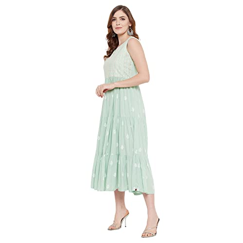 Rangavali Stylish Sea Green Festive Tiered Anarkali Dress for Women | Western A-Line Maxi Sleeveless Long Gown for Womens | Fusion Dresses for Ladies | 1 Pcs Dress | M, 34