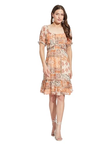 Latin Quarters Women Orange Square Neck Half Sleeves Printed Knee Length A-Line Dress for Casual Wear_XL