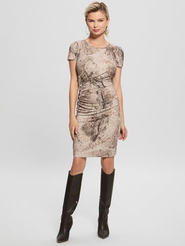 GUESS Women's Beige Printed Round Neck Short Sleeves Bodycon Dress