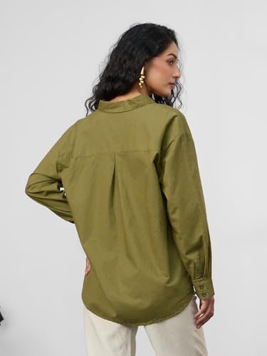 The Souled Store Cotton Linen: Flower Child Women and Girls Long Sleeves Collared Neck Button Front Green Embroidered Cotton Linen Boyfriend Shirts