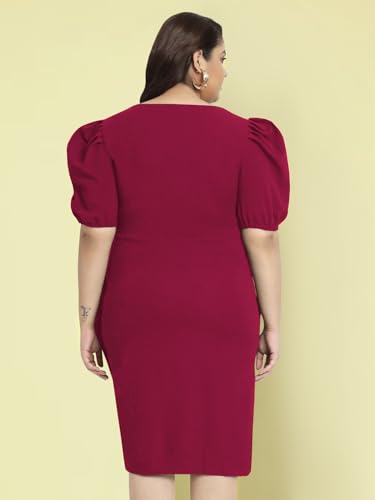 wild U Women Plus Size Bodycon Dress | Stretchable | Puff Sleeve | Knee Length | Western Stylish (Fuchsia Pink - 7XL)