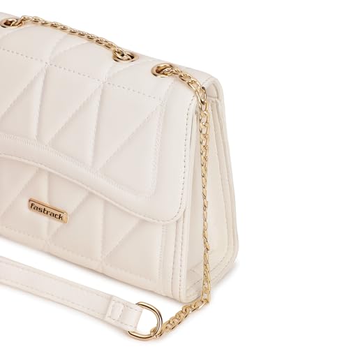 Fastrack Women’s White Sling Bag | Quilted Faux Leather | Adjustable Strap with Metal Detail & Flap Closure