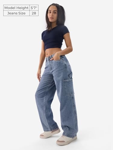 The Souled Store Denim: Stellar Blue Women and Girls Buttoned Cotton Baggy Fit Jeans