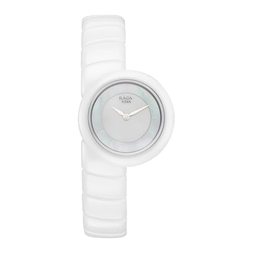 Titan Raga Chic Glam with Quartz Analog M.O.P + Ceramic Dial White Strap Watch for Women - 95391KC01
