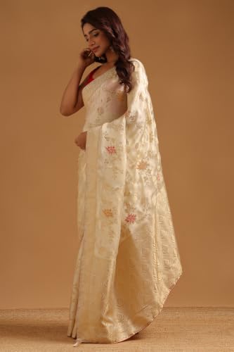 Soch Womens Cream Satin Botanical Zari Woven Saree